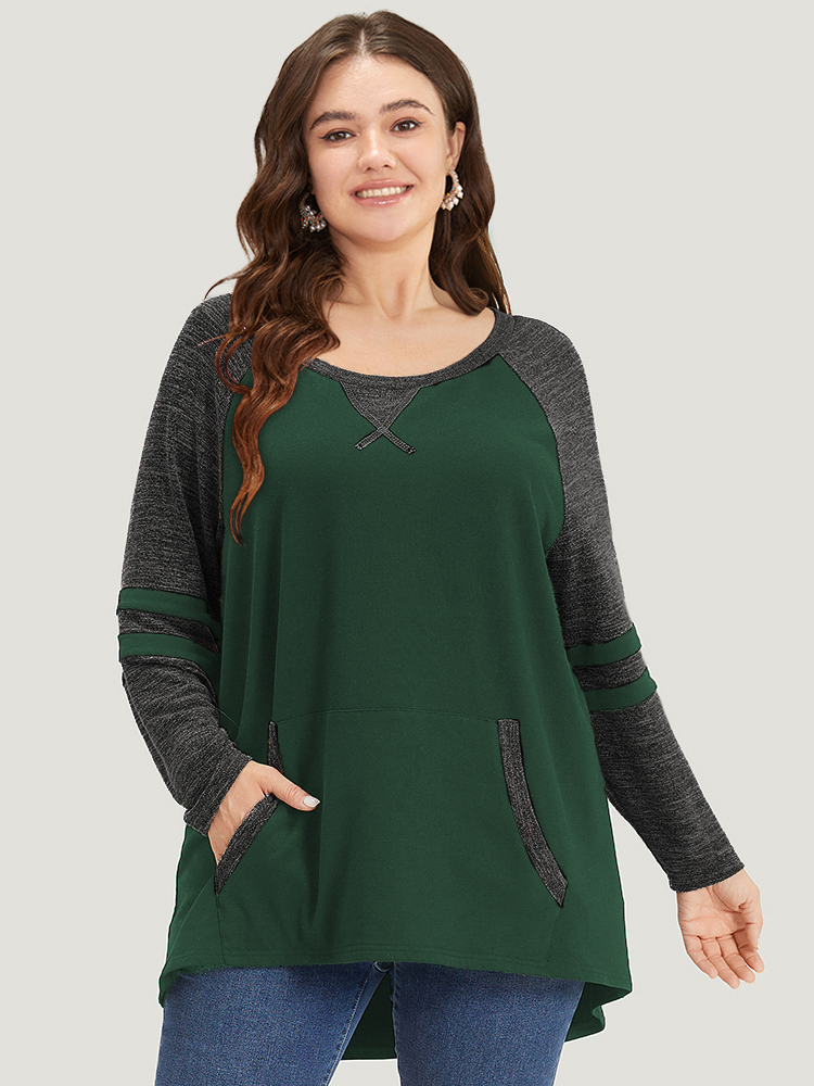 

Plus Size Striped Contrast Pocket Raglan Sleeve High Low Hem Sweatshirt Women DarkGreen Casual Contrast Round Neck Everyday Sweatshirts BloomChic