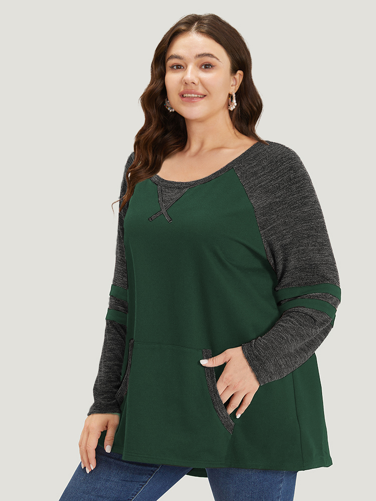 

Plus Size Striped Contrast Pocket Raglan Sleeve High Low Hem Sweatshirt Women DarkGreen Casual Contrast Round Neck Everyday Sweatshirts BloomChic