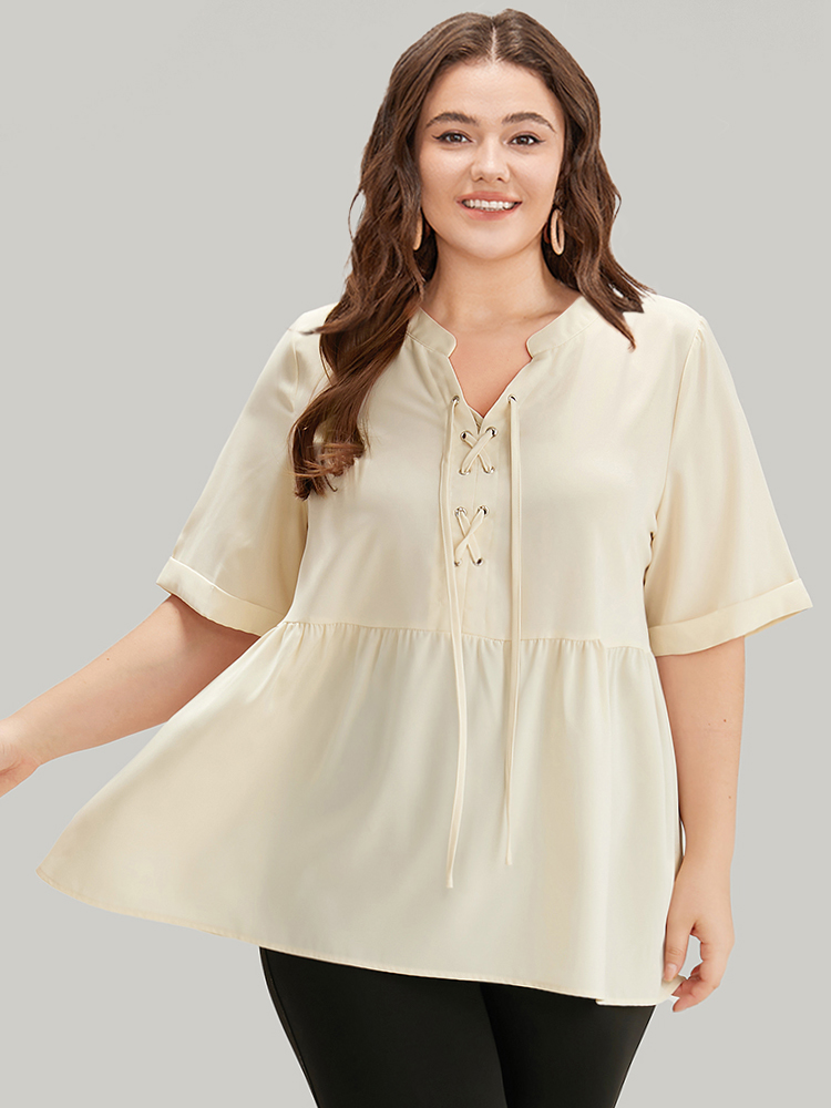 

Plus Size Ivory Anti-Wrinkle Lace Up Notched Gathered Blouse Women Office Half Sleeve Tie Neck Work Blouses BloomChic