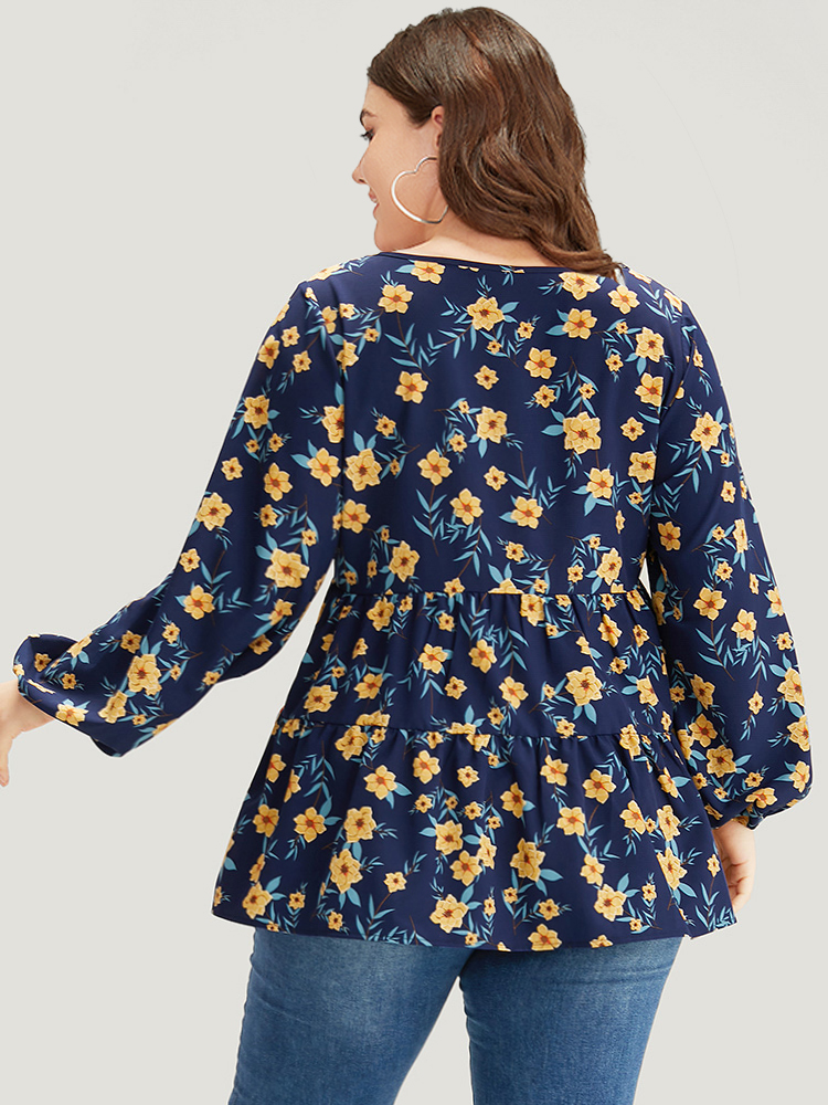 

Plus Size Indigo Floral Print Lantern Sleeve Gathered Blouse Women Elegant Long Sleeve Round Neck Dailywear Blouses BloomChic