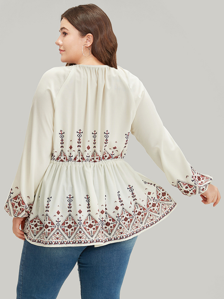 

Plus Size Ivory Boho Print Crew Neck Gathered Elastic Waist Blouse Women Vacation Long Sleeve Round Neck Dailywear Blouses BloomChic