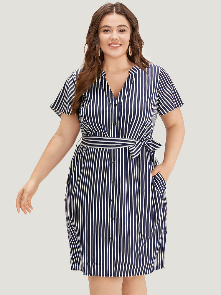 

Plus Size Striped Pocket Button Through Belted Split Hem Dress Indigo Women Office Belted Notched collar Short sleeve Curvy Midi Dress BloomChic