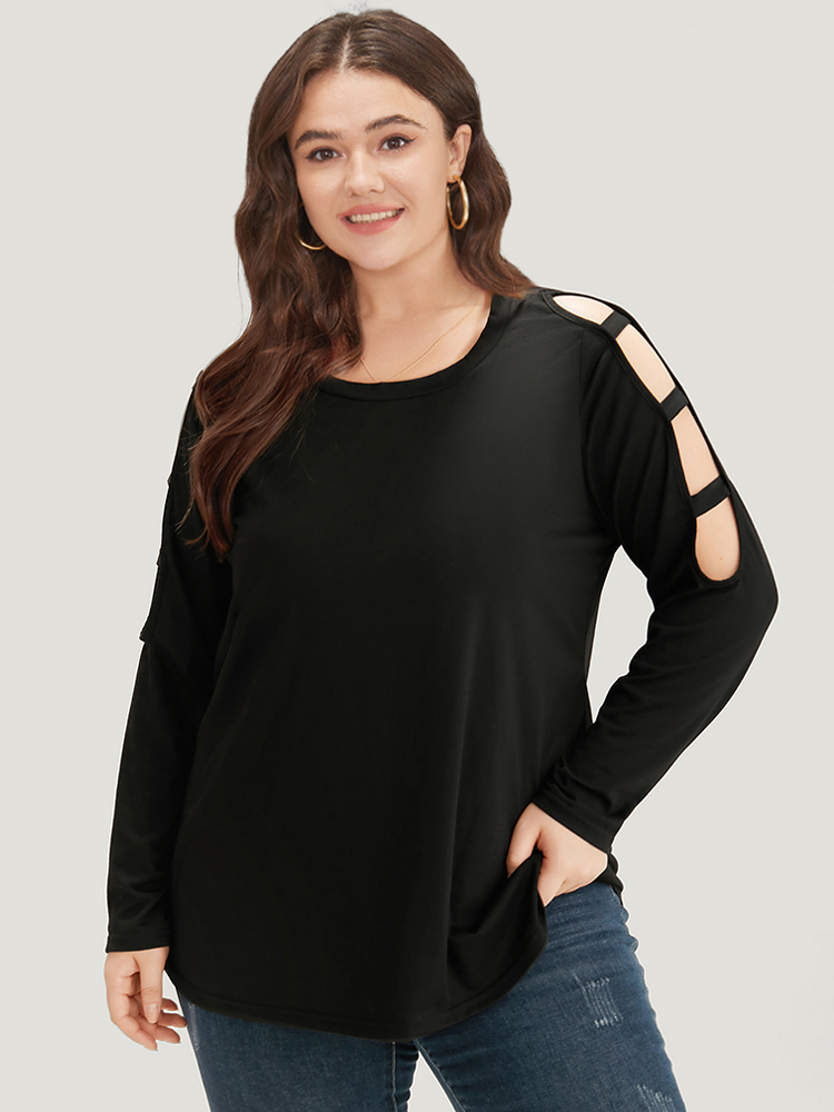 

Plus Size Plain Round Neck Cut Out T-shirt Black Women Casual Plain Plain Round Neck Dailywear T-shirts BloomChic