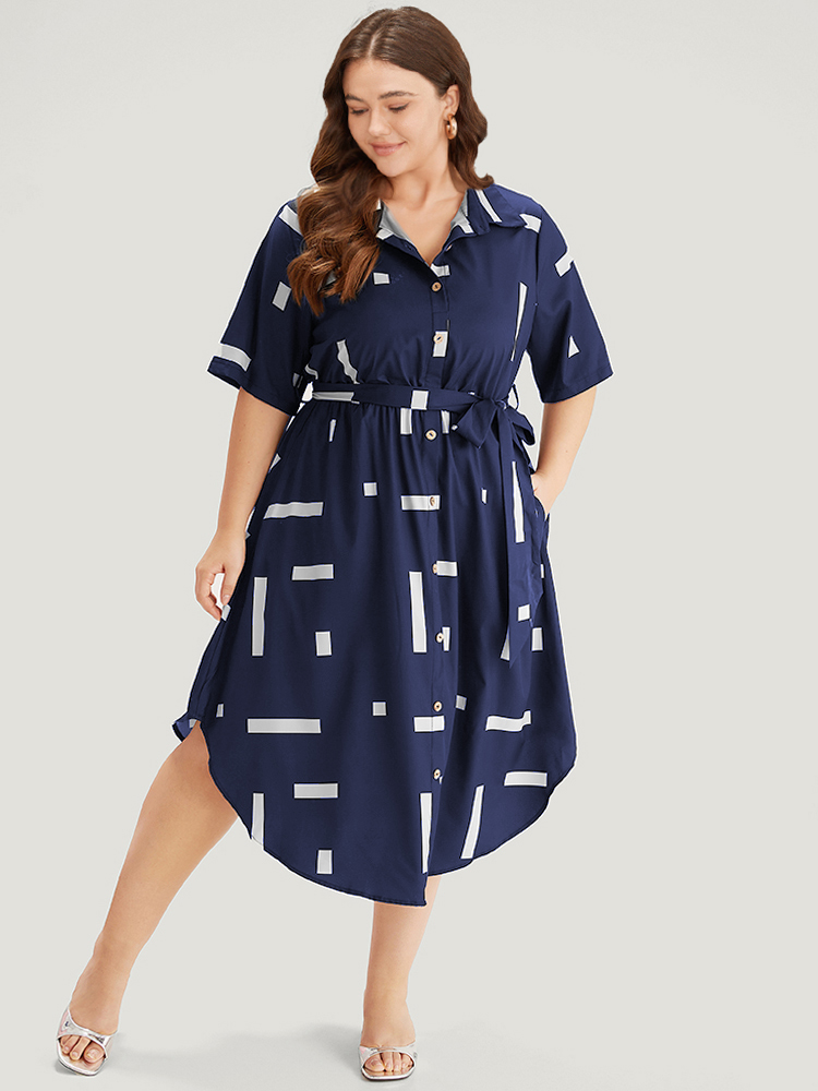 

Plus Size Geometric Print Shirt Collar Button Up Belted Dress Navy Women Office Belted Shirt collar Short sleeve Curvy Midi Dress BloomChic