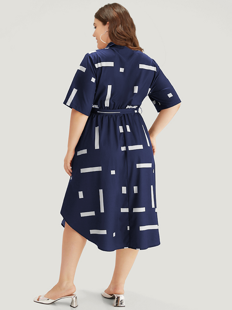 

Plus Size Geometric Print Shirt Collar Button Up Belted Dress Navy Women Office Belted Shirt collar Short sleeve Curvy Midi Dress BloomChic