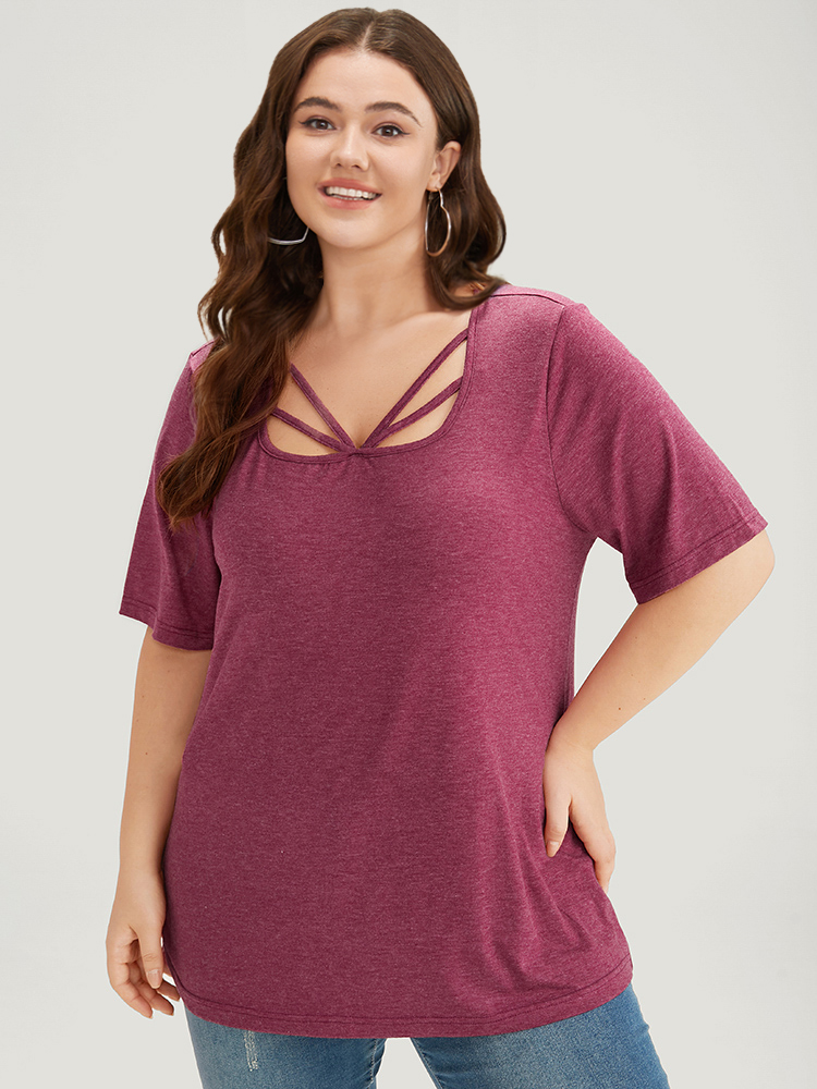 

Plus Size Plain Heather Crisscross Square Neck T-shirt Burgundy Women Casual Plain Plain Square Neck Dailywear T-shirts BloomChic