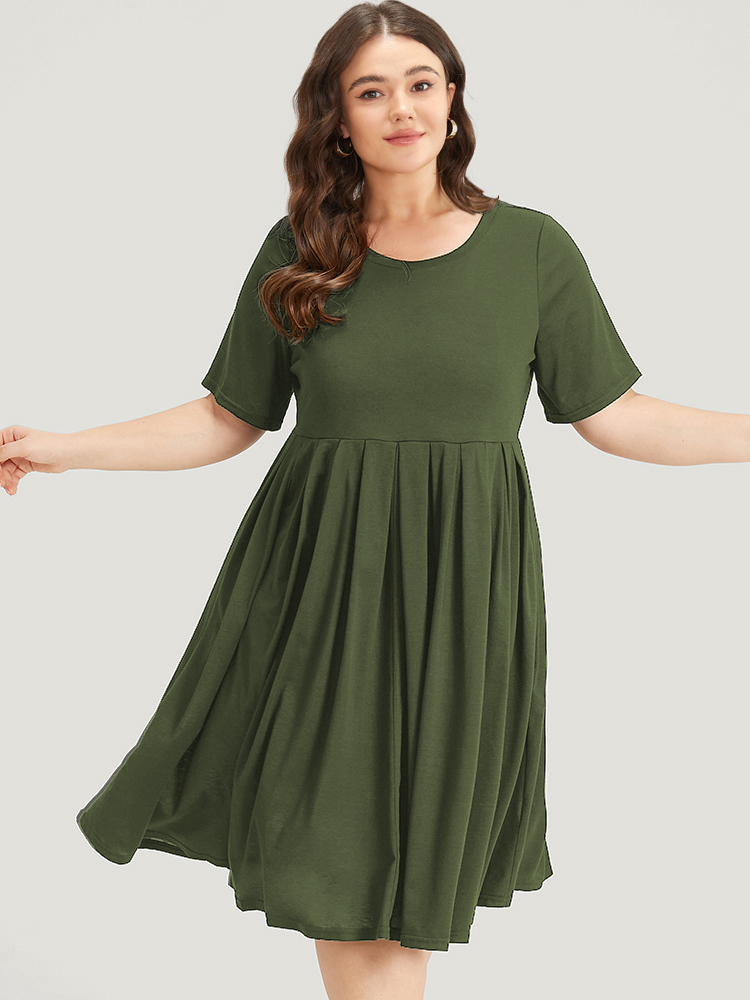 

Plus Size Supersoft Essentials Solid Pleated Round Neck Midi Dress ArmyGreen Women Casual Plain Round Neck Short sleeve Curvy Midi Dress BloomChic