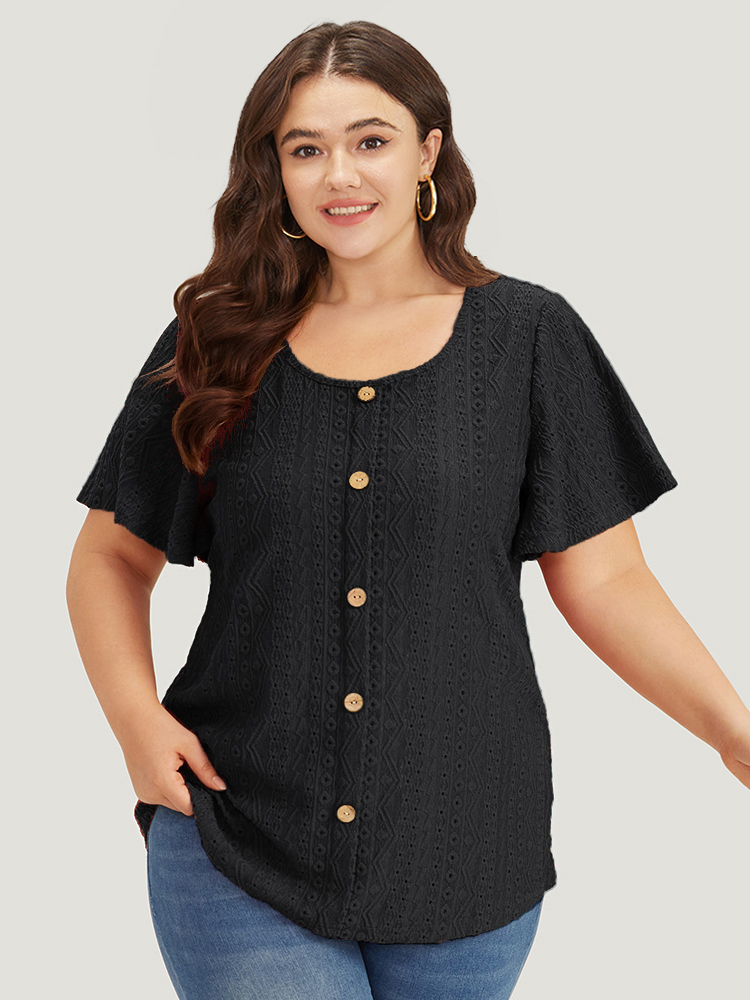 

Plus Size Embroidered Button Detail Crew Neck Flutter Sleeve T-shirt Black Women Elegant Texture Plain Round Neck Dailywear T-shirts BloomChic