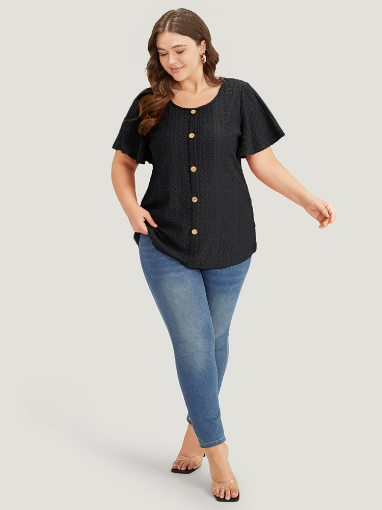 

Plus Size Embroidered Button Detail Crew Neck Flutter Sleeve T-shirt Black Women Elegant Texture Plain Round Neck Dailywear T-shirts BloomChic