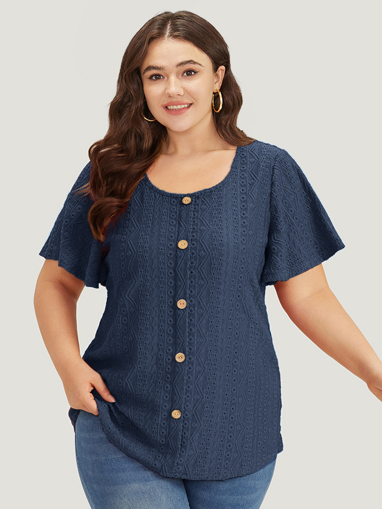 

Plus Size Embroidered Button Detail Crew Neck Flutter Sleeve T-shirt Cerulean Women Elegant Texture Plain Round Neck Dailywear T-shirts BloomChic