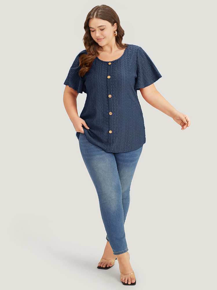 

Plus Size Embroidered Button Detail Crew Neck Flutter Sleeve T-shirt Cerulean Women Elegant Texture Plain Round Neck Dailywear T-shirts BloomChic