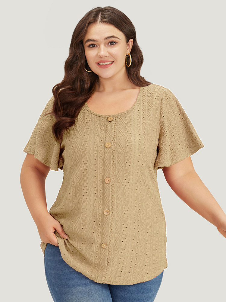 

Plus Size Embroidered Button Detail Crew Neck Flutter Sleeve T-shirt Tan Women Elegant Texture Plain Round Neck Dailywear T-shirts BloomChic