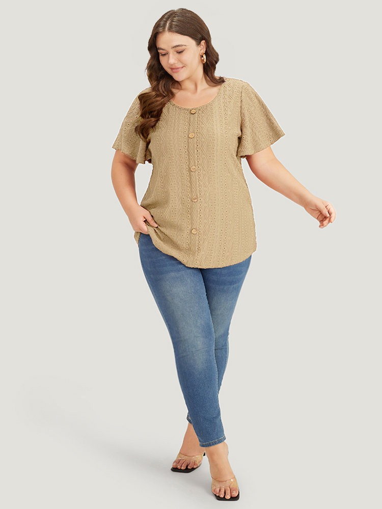 

Plus Size Embroidered Button Detail Crew Neck Flutter Sleeve T-shirt Tan Women Elegant Texture Plain Round Neck Dailywear T-shirts BloomChic