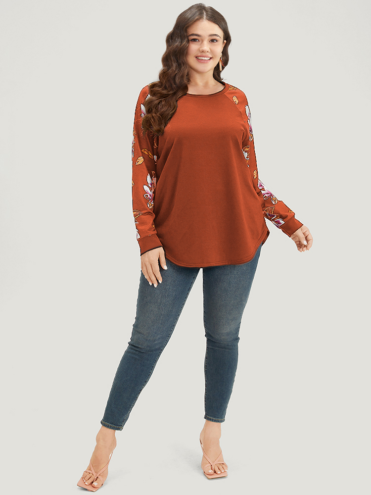 Plus Size Floral Patchwork Crew Neck Raglan Sleeve Sweatshirt Women Chocolate Elegant Elastic cuffs Round Neck Dailywear Sweatshirts BloomChic 14-16/1X 