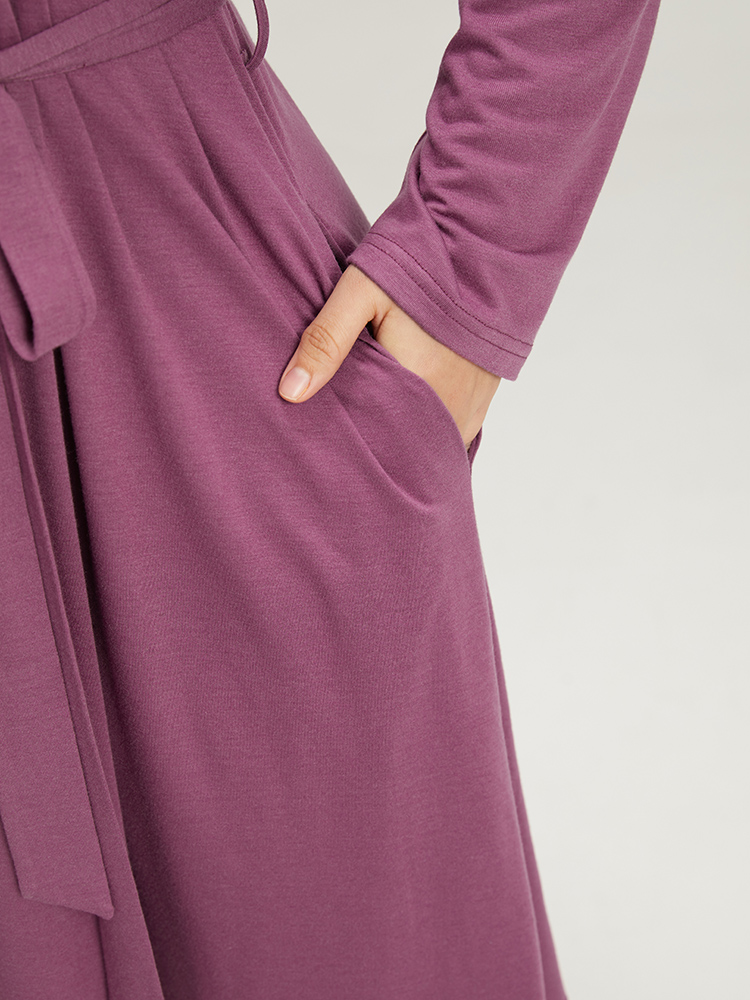 

Plus Size Solid Notched Pocket Pleated Belted Dress Purple Women Casual Plain Notched collar Long Sleeve Curvy Midi Dress BloomChic