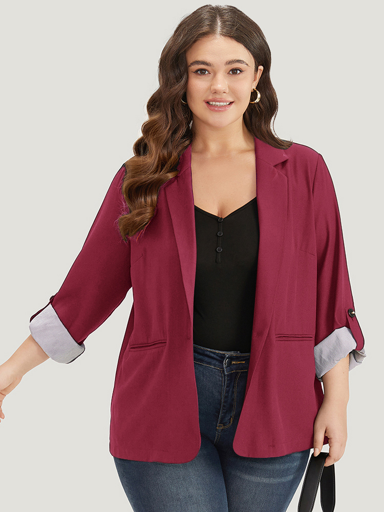 

Plus Size Contrast Suit Collar Button Up Pocket Tab Sleeve Blazer Scarlet Women Work Plain Contrast Sleeve Long Sleeve Lapel Collar  Pocket Office Blazers BloomChic