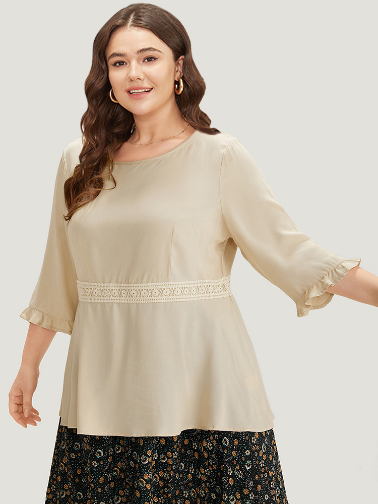 

Plain Lace Patchwork Ruffles Woven Top, Beige