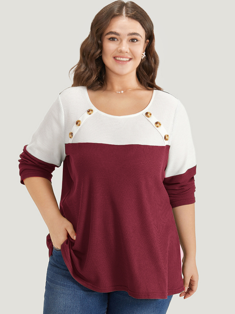 Plus Size Colorblock Contrast Button Detail Crew Neck T-shirt Burgundy Women Casual Contrast Plain Round Neck Dailywear T-shirts BloomChic 18-20/2X 