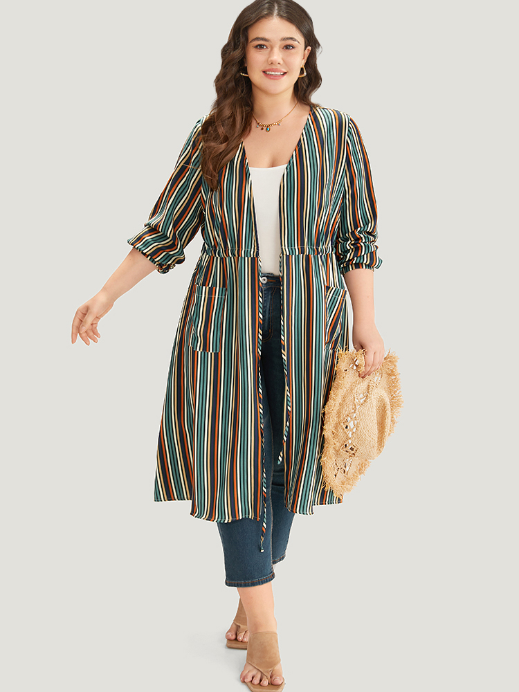 

Plus Size Striped Contrast Pocket Drawstring Knot Drape Kimono Women Multicolor Casual Drape Pocket Dailywear Kimonos BloomChic