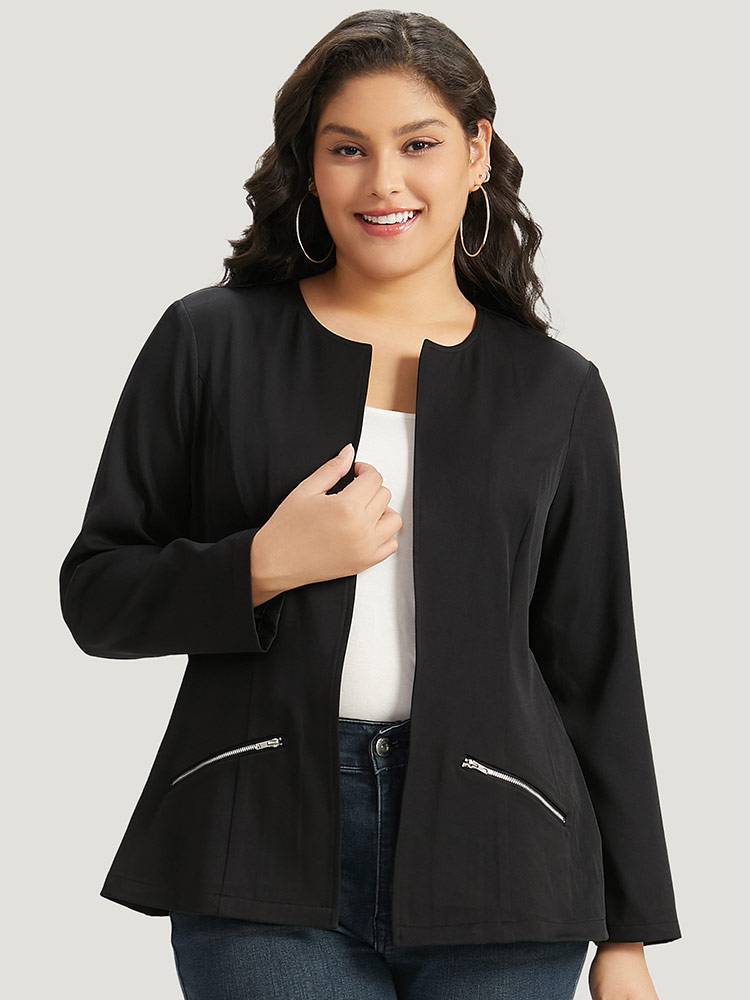 

Plus Size Solid Zipper Open Front Blazer Women Black Plain Dailywear Jackets BloomChic