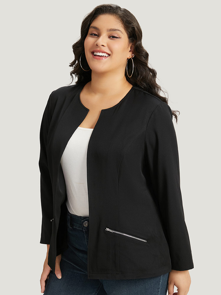 Plus Size Solid Zipper Open Front Blazer Women Black Plain Dailywear Jackets BloomChic 12/L 