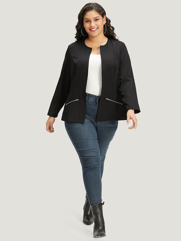 Plus Size Solid Zipper Open Front Blazer Women Black Plain Dailywear Jackets BloomChic 12/L 