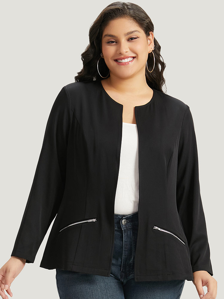 Plus Size Solid Zipper Open Front Blazer Women Black Plain Dailywear Jackets BloomChic 12/L 