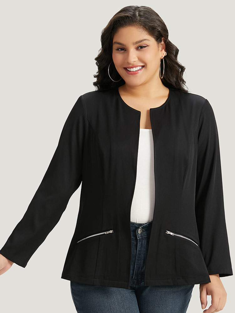 Plus Size Solid Zipper Open Front Blazer Women Black Plain Dailywear Jackets BloomChic 12/L 