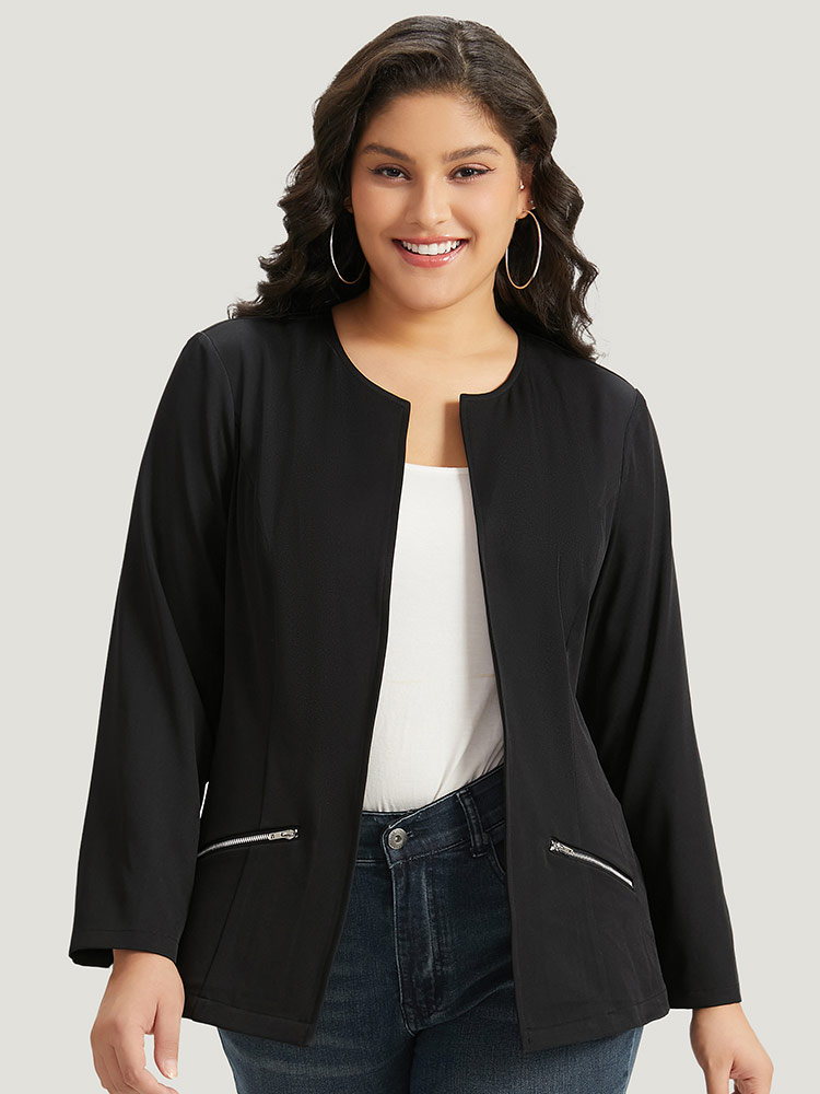 Plus Size Solid Zipper Open Front Blazer Women Black Plain Dailywear Jackets BloomChic 12/L 