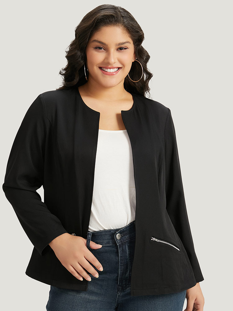 Plus Size Solid Zipper Open Front Blazer Women Black Plain Dailywear Jackets BloomChic 12/L 