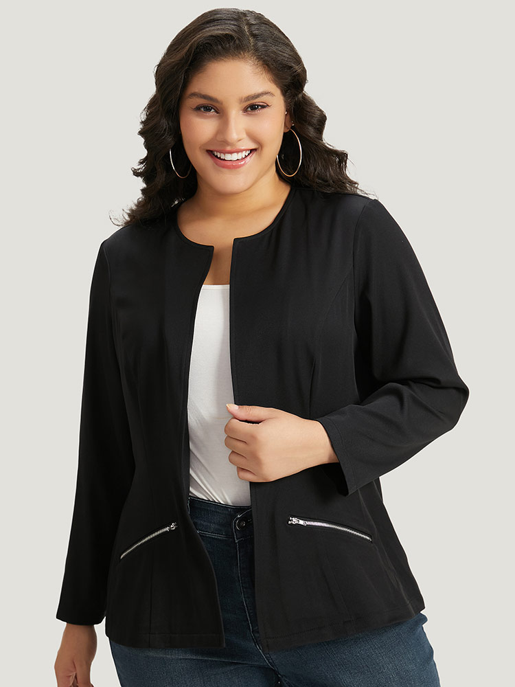 Plus Size Solid Zipper Open Front Blazer Women Black Plain Dailywear Jackets BloomChic 12/L 
