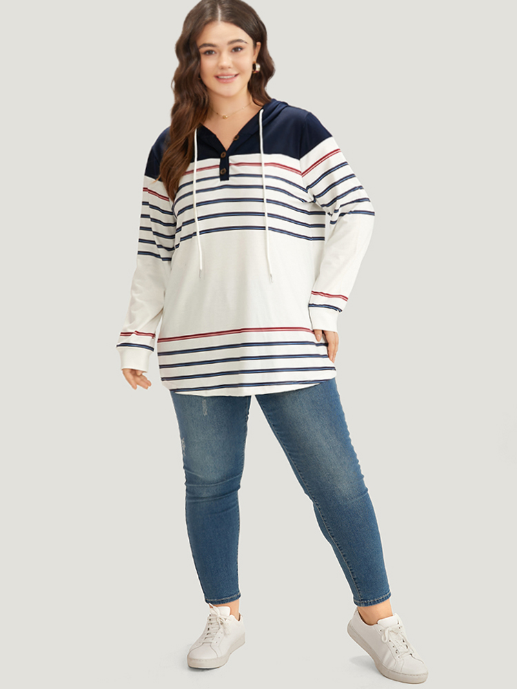 Plus Size Striped Contrast Patchwork Drawstring Button Up Hooded Sweatshirt Women Multicolor Casual Elastic cuffs Hooded Dailywear Sweatshirts BloomChic 18-20/2X 