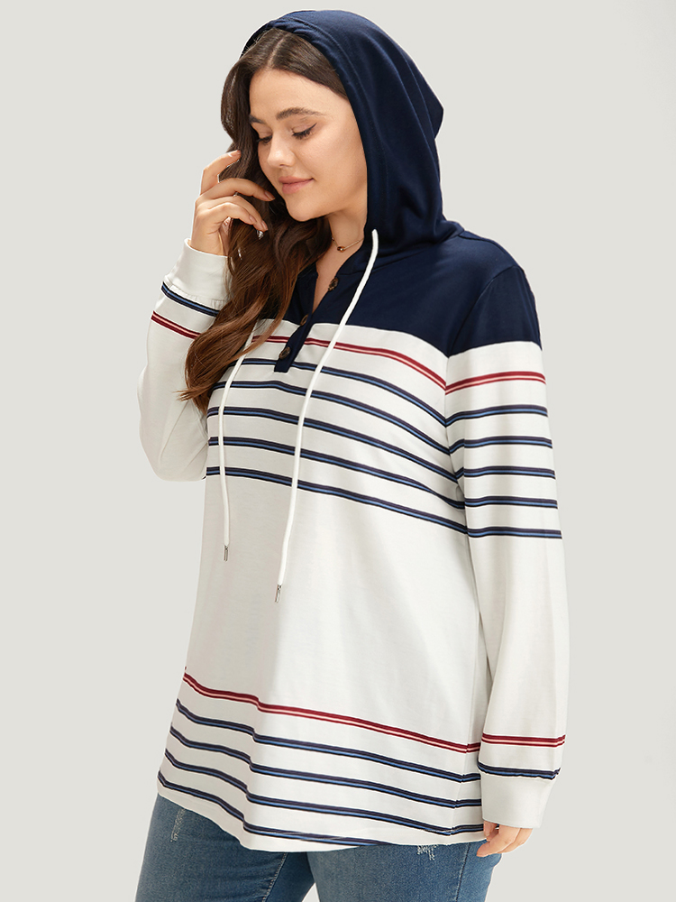 Plus Size Striped Contrast Patchwork Drawstring Button Up Hooded Sweatshirt Women Multicolor Casual Elastic cuffs Hooded Dailywear Sweatshirts BloomChic 18-20/2X 