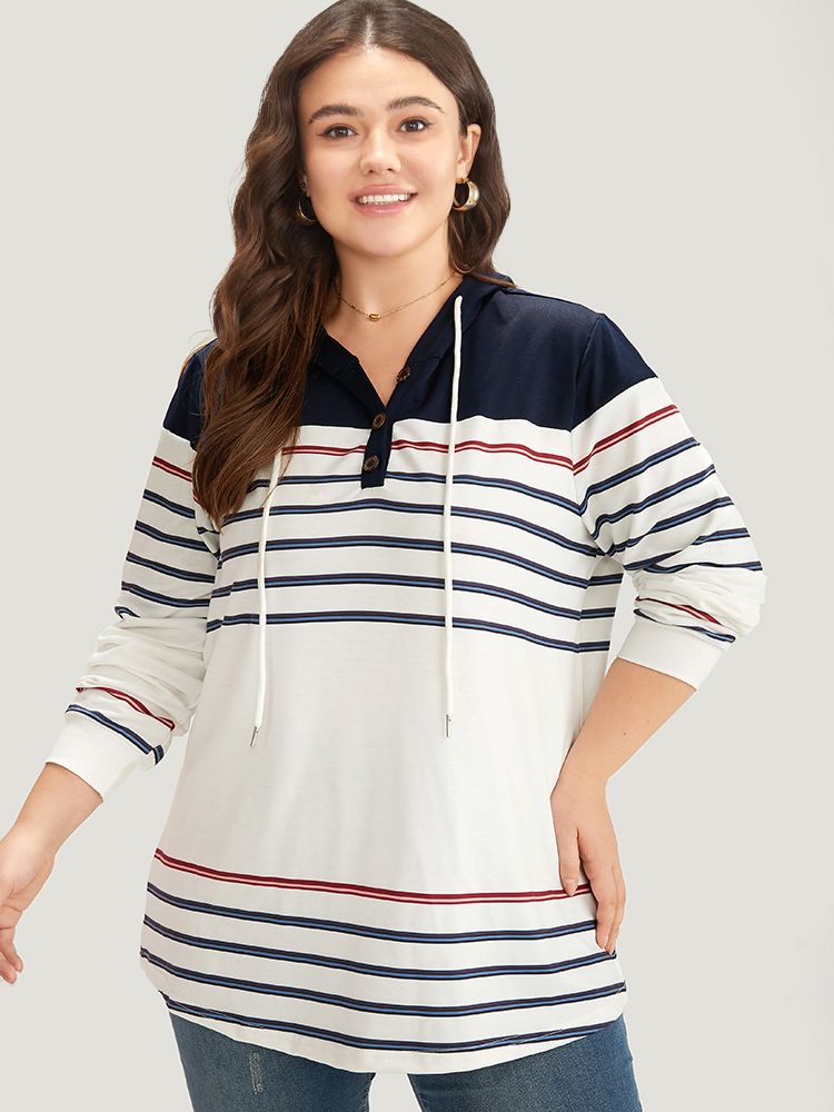Plus Size Striped Contrast Patchwork Drawstring Button Up Hooded Sweatshirt Women Multicolor Casual Elastic cuffs Hooded Dailywear Sweatshirts BloomChic 18-20/2X 
