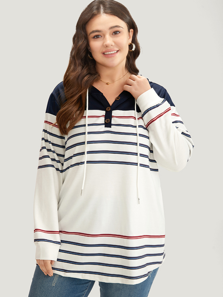 Plus Size Striped Contrast Patchwork Drawstring Button Up Hooded Sweatshirt Women Multicolor Casual Elastic cuffs Hooded Dailywear Sweatshirts BloomChic 18-20/2X 