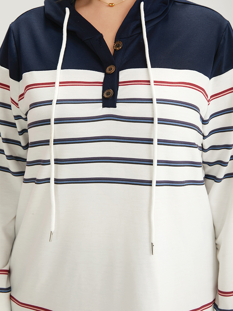 Plus Size Striped Contrast Patchwork Drawstring Button Up Hooded Sweatshirt Women Multicolor Casual Elastic cuffs Hooded Dailywear Sweatshirts BloomChic 18-20/2X 