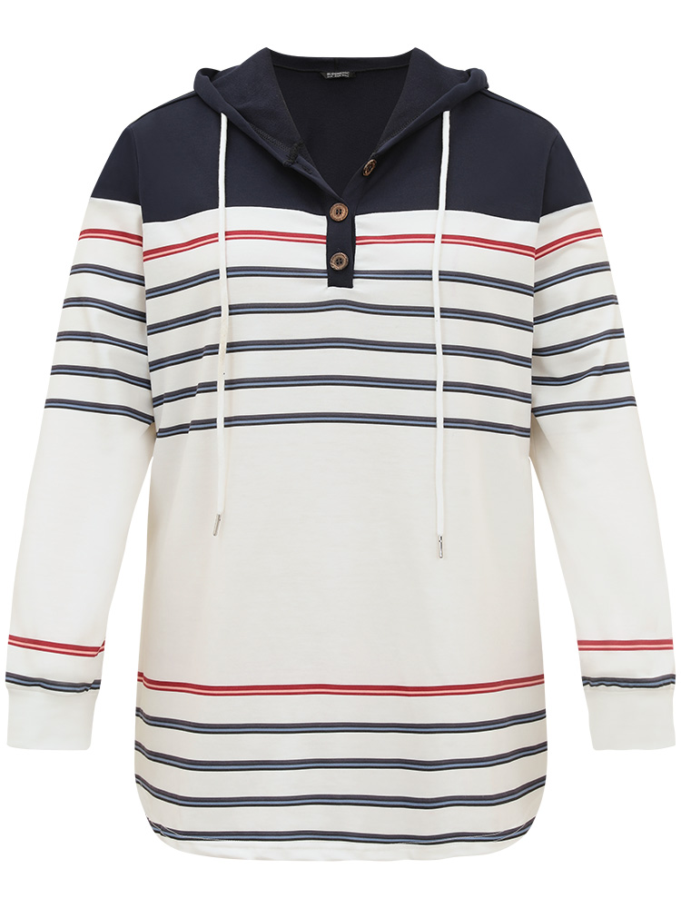 Plus Size Striped Contrast Patchwork Drawstring Button Up Hooded Sweatshirt Women Multicolor Casual Elastic cuffs Hooded Dailywear Sweatshirts BloomChic 18-20/2X 