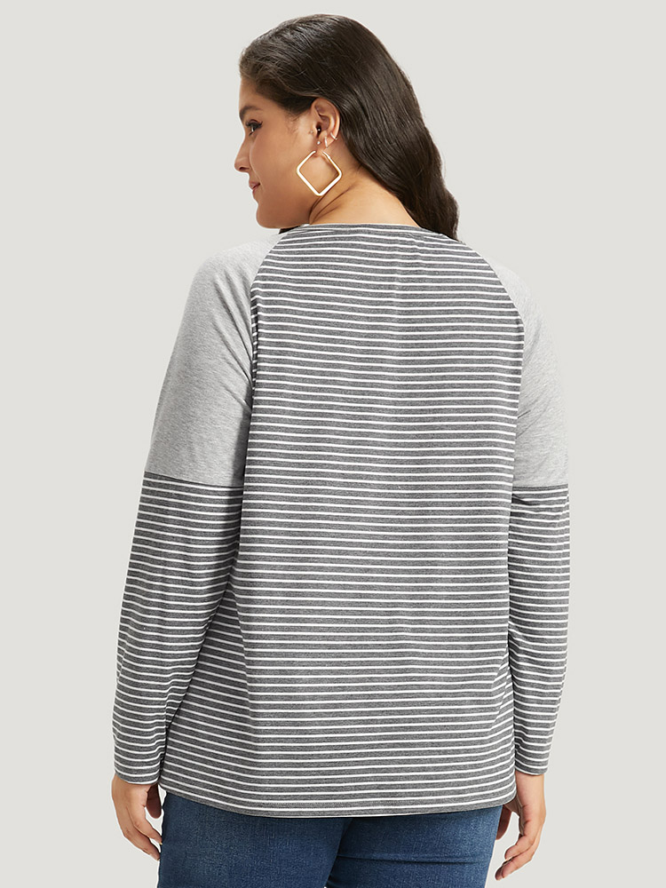 Plus Size Women Dailywear Striped Patchwork Raglan sleeve Long Sleeve Round Neck Casual T-shirts BloomChic 