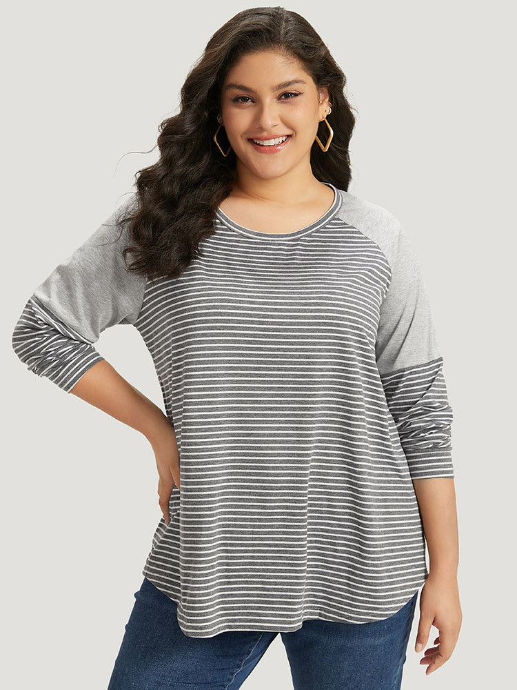 Plus Size Women Dailywear Striped Patchwork Raglan sleeve Long Sleeve Round Neck Casual T-shirts BloomChic 