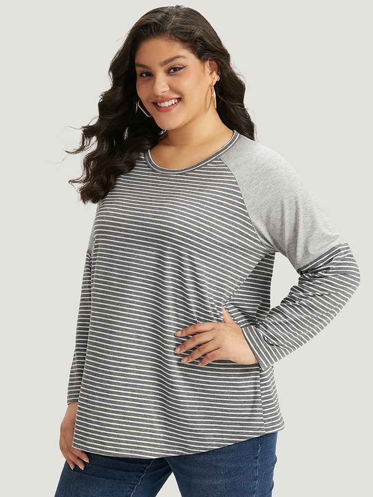Plus Size Women Dailywear Striped Patchwork Raglan sleeve Long Sleeve Round Neck Casual T-shirts BloomChic 