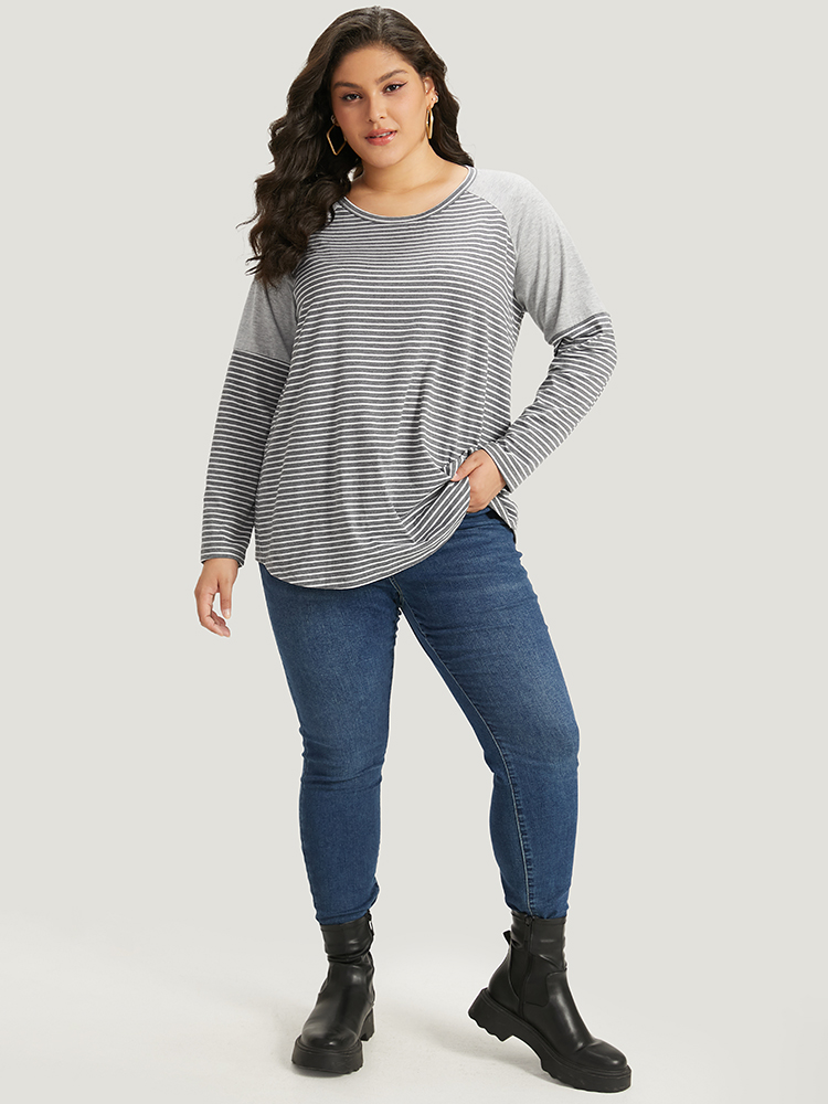 Plus Size Women Dailywear Striped Patchwork Raglan sleeve Long Sleeve Round Neck Casual T-shirts BloomChic 