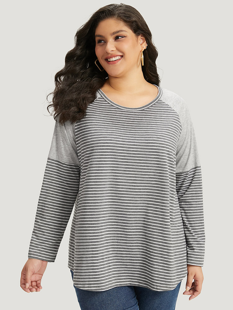

Plus Size Striped Patchwork Crew Neck Raglan Sleeve T-shirt Gray Women Casual Patchwork Striped Round Neck Dailywear T-shirts BloomChic