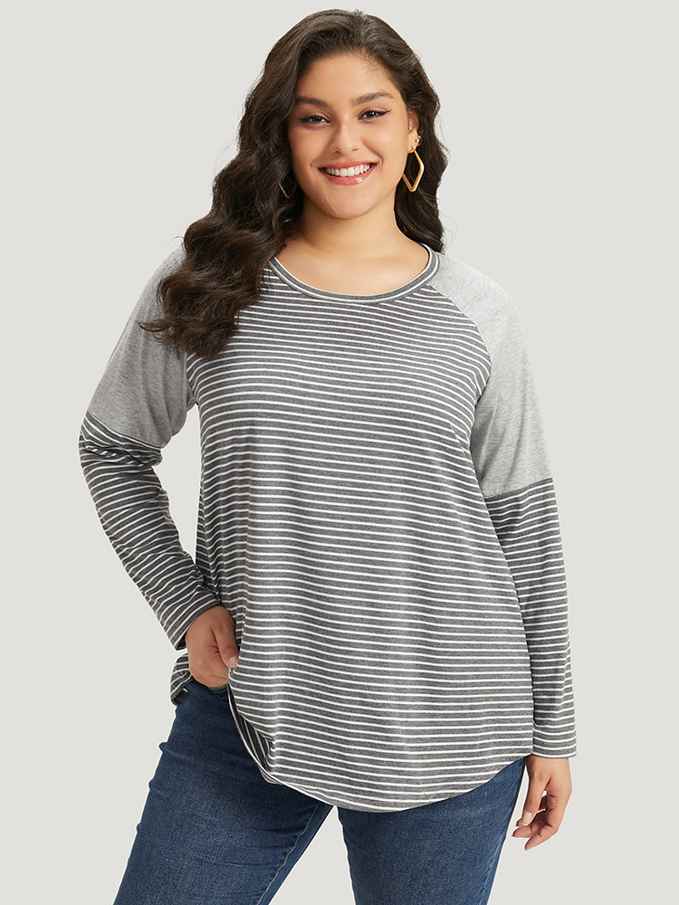 Plus Size Women Dailywear Striped Patchwork Raglan sleeve Long Sleeve Round Neck Casual T-shirts BloomChic 