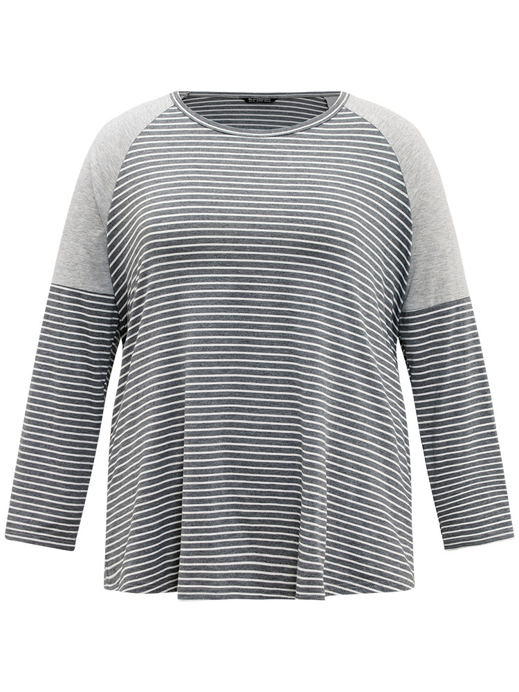 Plus Size Women Dailywear Striped Patchwork Raglan sleeve Long Sleeve Round Neck Casual T-shirts BloomChic 