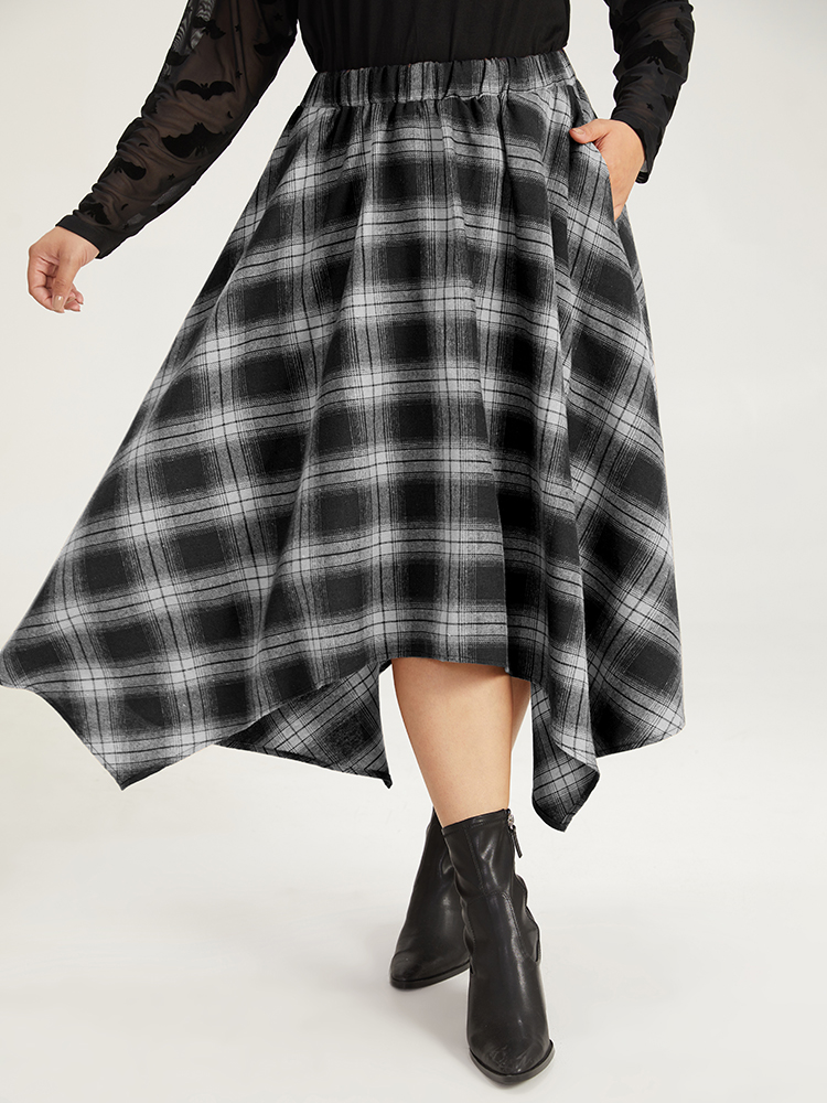 

Halloween Plaid Pocket Hanky Hem Woven Skirt, White