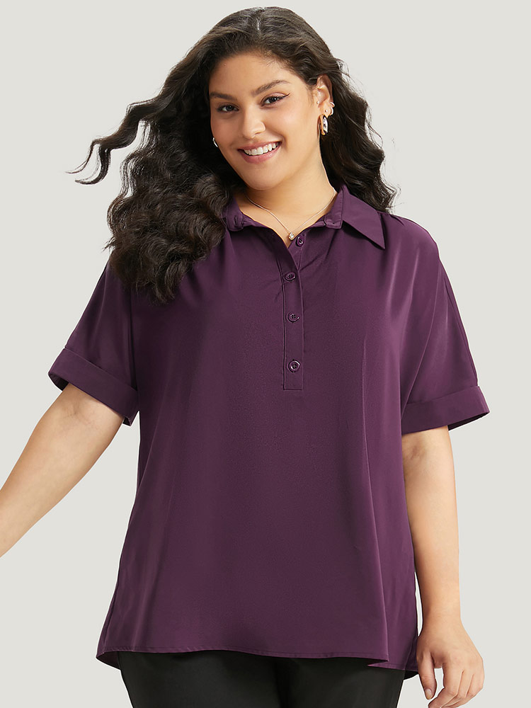 

Plus Size Purple Anti-Wrinkle Shirt Collar Button Up Roll Sleeve Blouse Women Office Short sleeve Shirt collar Work Blouses BloomChic