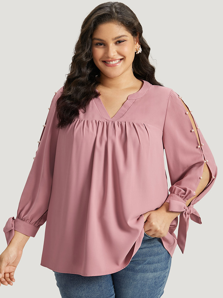 

Plus Size DustyPink Plain Pleated Ties Beaded Notched Blouse Women Elegant Long Sleeve Notched collar Dailywear Blouses BloomChic