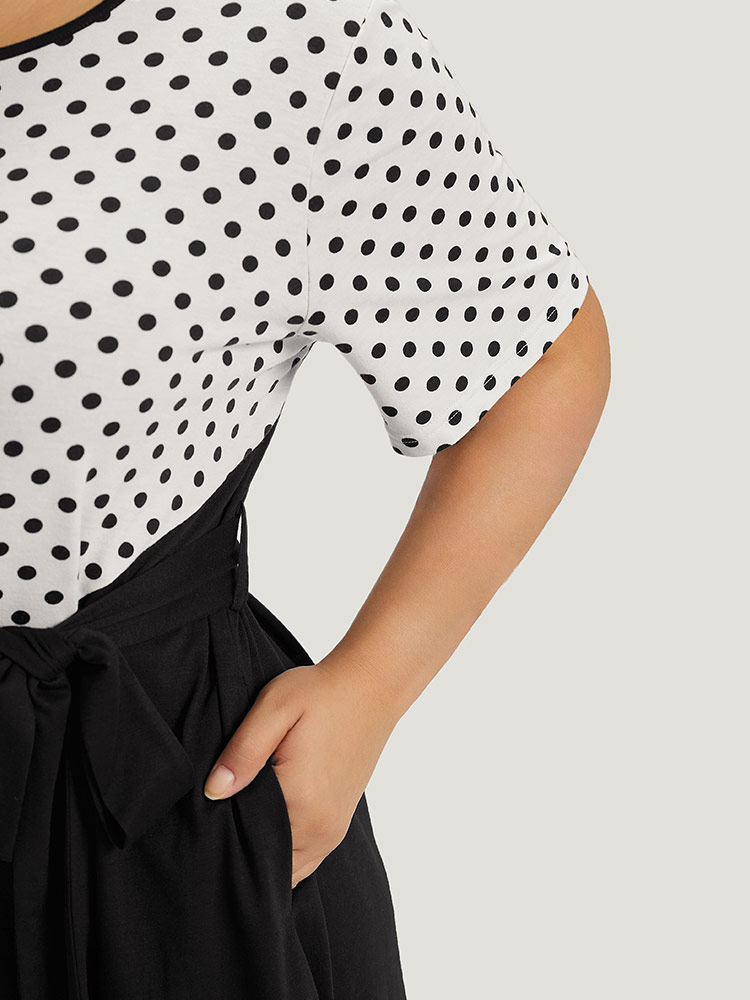 

Plus Size Supersoft Essentials Polka Dot Pocket Patchwork Belted Dress Black Women Casual Belted Round Neck Short sleeve Curvy Midi Dress BloomChic