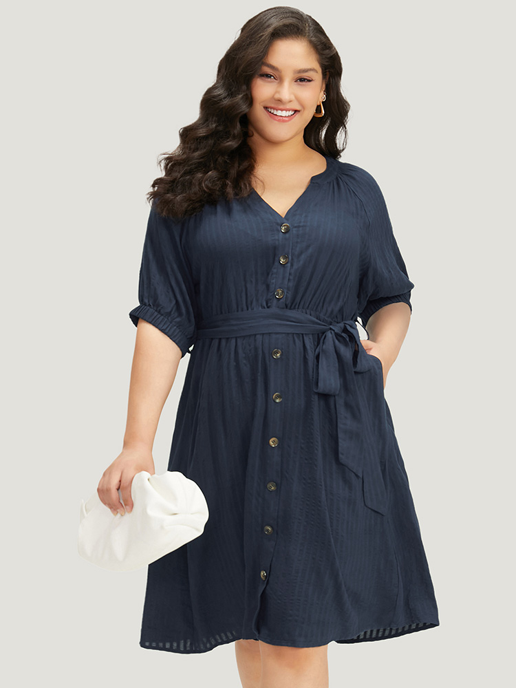 

Plus Size Solid Button Through Notched Belted Dress Navy Women Office Elastic cuffs Notched collar Short sleeve Curvy Midi Dress BloomChic