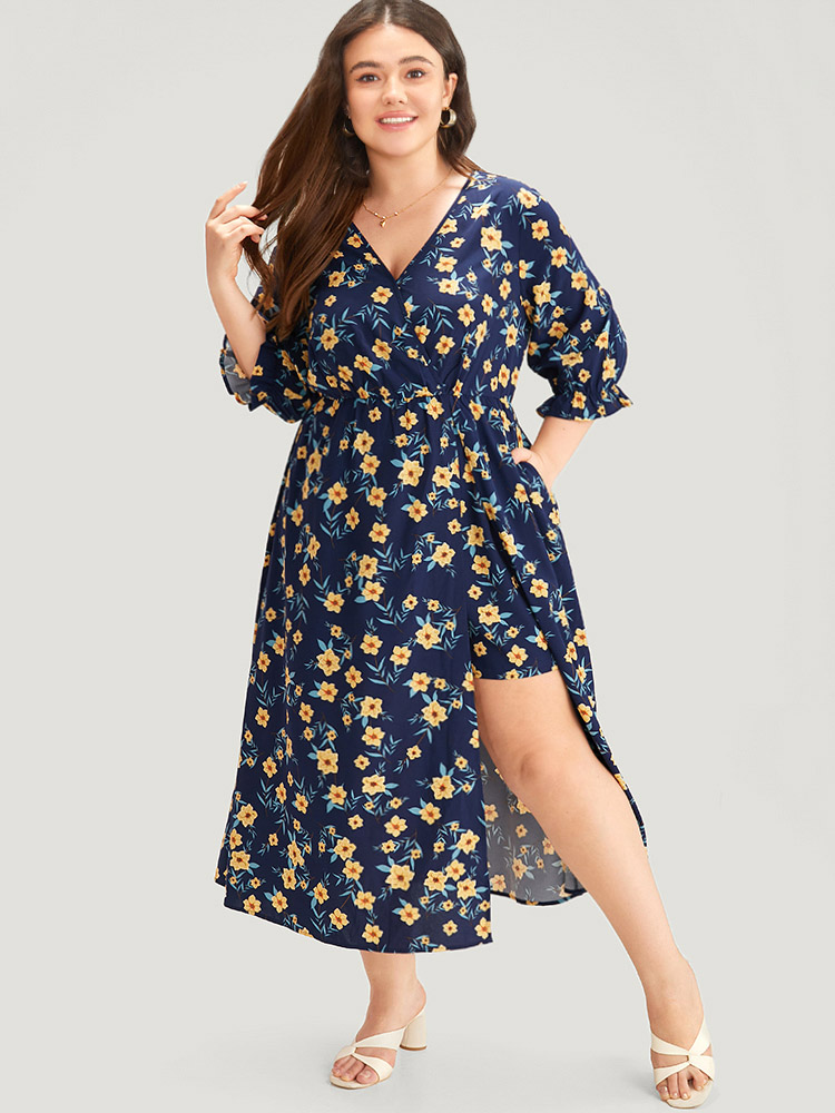 

Plus Size Indigo Floral Print Pocket V Neck Wrap Split Hem Jumpsuit Women Elegant Half Sleeve V-neck Dailywear Loose Jumpsuits BloomChic